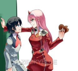 Rule 34 | 10s, 1boy, 1girl, black hair, black pantyhose, blue eyes, chocolate, couple, darling in the franxx, facing another, food, fringe trim, green eyes, hair ornament, hairband, hand up, height difference, hetero, highres, hiro (darling in the franxx), holding, holding chocolate, holding food, horns, long hair, long sleeves, looking at another, military, military uniform, necktie, oni horns, orange neckwear, pantyhose, pink hair, red horns, red neckwear, short hair, signature, uniform, white hairband, zero two (darling in the franxx), zipskyblue