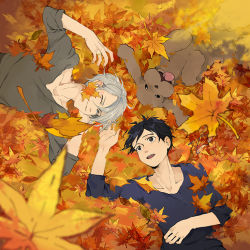 Rule 34 | 10s, 2boys, autumn leaves, black hair, blue eyes, blurry, brown eyes, depth of field, dog, from above, jewelry, katsuki yuuri, lying, makkachin, male focus, multiple boys, on back, one eye closed, open mouth, ring, silver hair, smile, tongue, tongue out, viktor nikiforov, you (gay322k), yuri!!! on ice