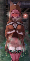 Rule 34 | 1girl, absurdres, animal hood, blush, body writing, brown hood, commentary request, condom, condom belt, disguised pyra (xenoblade), drop earrings, earrings, eruu (eruuman), female focus, female pubic hair, gluteal fold, heavy breathing, highres, hood, hood up, jewelry, legs together, licking lips, lifted by self, looking at viewer, navel, night, outdoors, pubic hair, pussy, pussy juice, pussy juice trail, pyra (xenoblade), red eyes, red hair, red thighhighs, short hair, solo, standing, steam, stray pubic hair, sweat, swept bangs, tally, thigh gap, thighhighs, tongue, tongue out, used condom, xenoblade chronicles (series), xenoblade chronicles 2