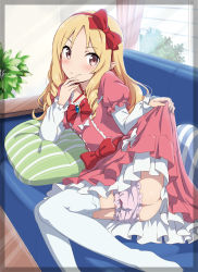 Rule 34 | 10s, 1girl, ass, blonde hair, blush, bow, closed mouth, couch, curtains, dress, eromanga sensei, frilled panties, frills, gotyou, hair bow, hairband, hand on own chin, hand up, highres, indoors, lifting own clothes, long hair, looking at viewer, lying, on couch, on side, panties, panty pull, pink dress, plant, pointy ears, potted plant, purple panties, red bow, ringlets, smile, solo, striped pillow, thighhighs, underwear, white thighhighs, window, yamada elf
