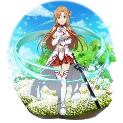 Rule 34 | 1girl, armor, asuna (sao), braid, breastplate, brown eyes, brown hair, cape, crown braid, detached sleeves, floating hair, french braid, full body, highres, jewelry, long hair, long sleeves, looking at viewer, miniskirt, open mouth, ornate ring, pleated skirt, red skirt, ring, skirt, solo, sparkle, standing, sword, sword art online, thighhighs, transparent background, very long hair, waist cape, weapon, wedding ring, white cape, white sleeves, white thighhighs, zettai ryouiki