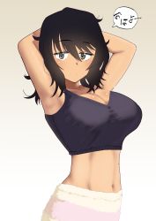 Rule 34 | absurdres, andou (girls und panzer), arms behind head, black hair, blush, breasts, brown eyes, cleavage, collarbone, commentary, girls und panzer, gradient background, highres, large breasts, looking at viewer, medium hair, messy hair, midriff, mochi (mochiokomet), simple background, sports bra, tan, towel, translated, tsurime