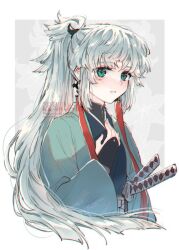 Rule 34 | 1girl, aoiro hiro, aqua eyes, border, closed mouth, cropped torso, earrings, fate/samurai remnant, fate (series), hand on own chest, haori, japanese clothes, jewelry, kimono, long hair, long sleeves, looking at viewer, ponytail, simple background, solo, sword, upper body, weapon, white border, white hair, yui shousetsu (fate)