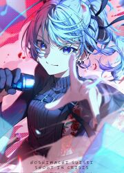 Rule 34 | 1girl, belt, black nails, blue eyes, blue hair, commentary, earrings, flower, highres, holding, holding microphone, hololive, hoshimachi suisei, hoshimachi suisei (shout in crisis), jewelry, long hair, looking at viewer, microphone, mirai99, official alternate costume, official alternate hairstyle, outstretched hand, ponytail, rose, smile, solo, turtleneck, virtual youtuber