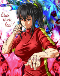 Rule 34 | 1girl, alternate costume, alternate hairstyle, black hair, breasts, bruce lee&#039;s jumpsuit, contemporary, fighting stance, large breasts, m.u.g.e.n, original, parody, ponytail, red eyes, samuimu, scar, scrunchie, sendai hakurei no miko, sleeves rolled up, solo, taut clothes, touhou