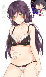 Rule 34 | 1girl, angry, belly grab, black bra, black hair, blush, bra, breasts, cat bra, cleavage, collarbone, cowboy shot, green eyes, hair between eyes, hand on own thigh, highres, hood, hood down, hoodie, imagining, long hair, love live!, love live! school idol project, low twintails, medium breasts, midriff, mogu (au1127), navel, open mouth, panties, paw print, pinching, purple hair, scrunchie, simple background, solo, sonoda umi, stomach, thought bubble, tojo nozomi, twintails, underwear, underwear only, wavy mouth, weight conscious, white background, white scrunchie