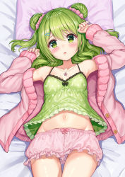 Rule 34 | 1girl, akabane (zebrasmise), armpits, arms up, bloomers, blush, breasts, buttons, camisole, cardigan, collarbone, commentary, double bun, green camisole, green eyes, green hair, groin, hair ornament, hair scrunchie, hairclip, jewelry, long hair, long sleeves, looking at viewer, lying, midriff, morinaka kazaki, nail polish, navel, necklace, nijisanji, on back, on bed, on pillow, open cardigan, open clothes, open mouth, pink cardigan, pink nails, polka dot, polka dot shirt, scrunchie, shirt, sleeveless, sleeveless shirt, small breasts, solo, thighs, underwear, virtual youtuber