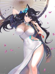 Rule 34 | 1girl, animal ears, azur lane, black hair, blue eyes, breasts, cat ears, china dress, chinese clothes, contrapposto, covered navel, dress, flower, fusou (azur lane), fusou (the celebration of spring) (azur lane), hair flower, hair ornament, highres, holding, large breasts, long hair, long sleeves, looking at viewer, nanam (nanam sk), open mouth, smile, solo, umbrella, wide sleeves