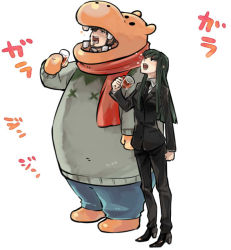 Rule 34 | animal costume, black hair, cup, darker than black, formal, hazuki mina (darker than black), hippopotamus, long hair, necktie, ocha (oteaaa), open mouth, scarf, shizume genma, simple background, standing, suit