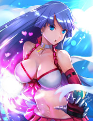 Rule 34 | 1girl, absurdres, bikini, bikini skirt, blue eyes, blunt bangs, breasts, choker, cleavage, cross, cross necklace, day, detached sleeves, earrings, elbow gloves, fate/grand order, fate (series), frilled bikini, frills, gauntlets, gloves, glowing fist, heart, highres, hime cut, jewelry, large breasts, light, martha (fate), martha (swimsuit ruler) (fate), martha (swimsuit ruler) (third ascension) (fate), metal gloves, navel, necklace, outdoors, purple hair, solo, straight hair, swimsuit, x-kulon