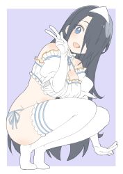 Rule 34 | 1girl, :d, absurdres, bad id, bad twitter id, bare shoulders, black hair, blue eyes, blue panties, blue ribbon, blush, body blush, border, breasts, cleavage, detached collar, donguri suzume, elbow gloves, from side, gloves, hair over one eye, hand up, head tilt, highres, large breasts, long hair, looking at viewer, looking to the side, neck ribbon, no shoes, one eye covered, open mouth, original, panties, purple background, ribbon, side-tie panties, simple background, smile, solo, squatting, strapless, thighhighs, triangular headpiece, tube top, underwear, v, very long hair, w, white border, white gloves, white thighhighs