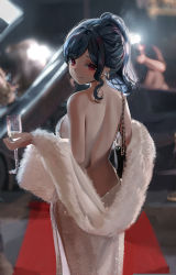 Rule 34 | 1girl, absurdres, azur lane, backless dress, backless outfit, backlighting, bag, bare back, bare shoulders, black hair, blurry, blurry background, breasts, chrysa ( sa0ru), closed mouth, cup, cupping glass, dress, drinking glass, earrings, feather boa, from behind, handbag, highres, holding, holding cup, jewelry, looking at viewer, looking back, medium hair, non-web source, official alternate costume, original, ponytail, red eyes, sidelocks, solo, st. louis (azur lane), st. louis (luxurious wheels) (azur lane), standing, swept bangs, white dress