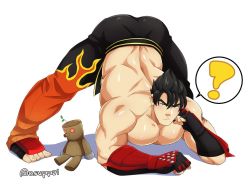 Rule 34 | 1boy, ?, arm rest, ass, back, bandaged arm, bandages, bara, black hair, blush, character doll, flame print, full body, hands on ground, jack-o&#039; challenge, kaiki (osuppai), kazama jin, large pectorals, looking at viewer, male focus, meme, mokujin, muscular, muscular male, pectorals, short hair, sideburns, simple background, solo, spiked hair, spoken question mark, tekken, thick thighs, thighs, top-down bottom-up, topless male, white background