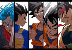 Rule 34 | 5boys, armor, bandana, bardock, black border, black eyes, black hair, blue eyes, blue hair, border, clenched teeth, close-up, denim, denim jacket, dougi, dragon ball, dragon ball super, dragonball z, facial scar, facing away, father and son, fighting stance, fingernails, floating hair, from above, frown, holding, holding sword, holding weapon, jacket, looking away, looking back, looking down, male focus, multiple boys, neckerchief, own hands clasped, own hands together, panels, profile, red headwear, red neckerchief, scar, scar on cheek, scar on face, serious, shaded face, simple background, smile, son gohan, son goku, sword, tako jirou, teeth, trunks (dragon ball), trunks (future) (dragon ball), upper body, vegeta, weapon, white background, wristband
