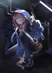 Rule 34 | 1girl, absurdres, arknights, black legwear, blouse, blue eyes, blue jacket, blue poison (arknights), bow (weapon), collared shirt, crossbow, highres, holding, holding weapon, hood, hood up, hooded jacket, jacket, necktie, on one knee, pink hair, pomegranate nana, pouch, shirt, solo, weapon, white shirt