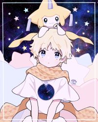 Rule 34 | 1boy, 1other, :o, ahoge, baggy clothes, blonde hair, blue border, blue eyes, blush, border, bright pupils, commentary request, creature, creatures (company), crossover, dated, fate/requiem, fate (series), game freak, gen 3 pokemon, glowing, highres, jirachi, legendary pokemon, looking at viewer, male focus, mythical pokemon, namigon, nintendo, on head, open mouth, parted bangs, pokemon, pokemon (creature), pokemon on head, revision, robe, scarf, short sleeves, sidelocks, signature, sky, smile, solo focus, space, star (sky), star (symbol), starry background, starry sky, upper body, voyager (fate), yellow scarf