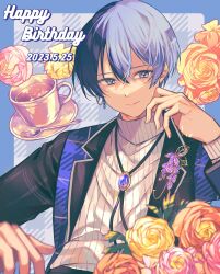 Rule 34 | 1boy, aoyagi touya, blue eyes, blue hair, brooch, closed mouth, commentary request, cup, dark blue hair, dated, flower, hair between eyes, happy birthday, highres, jacket, jewelry, kinomi 3030, lanyard, lapels, long sleeves, male focus, multicolored hair, notched lapels, official alternate costume, open clothes, open jacket, project sekai, ribbed sweater, saucer, short hair, solo, split-color hair, spoon, sweater, turtleneck, turtleneck sweater, two-tone hair, upper body, yellow flower