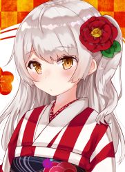Rule 34 | 1girl, ahoge, blush, brown eyes, camellia, chiune (yachi), closed mouth, flower, hair flower, hair ornament, highres, japanese clothes, kimono, long hair, looking at viewer, obi, one side up, original, pursed lips, red flower, sash, side ponytail, silver hair, solo, striped clothes, striped kimono, upper body, vertical-striped clothes, vertical-striped kimono, white kimono
