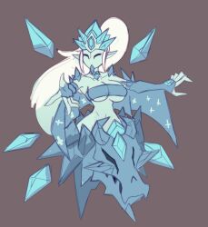 Rule 34 | 1girl, blue cape, blue skin, breasts, cape, choker, closed eyes, collarbone, colored skin, crown, crystal, doce, female focus, fingerless gloves, forehead jewel, full body, gauntlets, gloves, grey background, highres, ice, ice queen (terraria), large breasts, long hair, monster girl, no mouth, pointy ears, ponytail, sarashi, simple background, solo, terraria, white hair