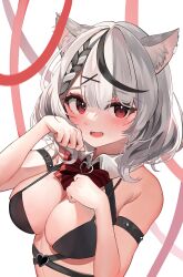Rule 34 | 1girl, animal ears, blush, breasts, cat ears, cleavage, grey hair, hair ornament, heart collar, heart pendant, highres, hololive, looking at viewer, medium breasts, multicolored hair, paw pose, red eyes, red nails, sakamata chloe, suiso kurage (user ncer3537), upper body, virtual youtuber, x hair ornament