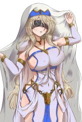 Rule 34 | 10s, 1girl, blindfold, blonde hair, breasts, covered erect nipples, covered navel, detached sleeves, dress, goblin slayer!, highres, hip vent, jewelry, large breasts, long hair, messy hair, necklace, no bra, no panties, parted lips, revealing clothes, side slit, sideboob, solo, sword maiden, veil, very long hair, whin, white dress