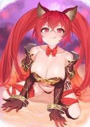 Rule 34 | 1girl, animal ears, armor, bare shoulders, bed sheet, bikini, bikini armor, black gloves, blurry, blurry background, blush, breasts, cerberus (shingeki no bahamut), choker, cleavage, collarbone, commentary request, elbow gloves, gloves, granblue fantasy, highres, kneeling, large breasts, leg ribbon, long hair, looking at viewer, meshiya, navel, red eyes, red hair, ribbon, ribbon choker, shoulder armor, side-tie bikini bottom, smile, solo, swimsuit, tongue, tongue out, twintails