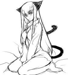 Rule 34 | 00s, animal ears, barefoot, breasts, c.c., cat ears, cat tail, code geass, creayus, greyscale, kneeling, large breasts, long hair, monochrome, sketch, solo, tail, thighs