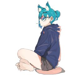 Rule 34 | 1girl, animal ear fluff, animal ears, barefoot, black shorts, blue eyes, blue hair, blue hoodie, cat ears, cigarette, commentary request, cushion, earrings, eir (machi), feet, from side, hair ornament, hairclip, highres, hood, hood down, hoodie, jewelry, crossed legs, long sleeves, machi (wm), mouth hold, original, ponytail, shorts, simple background, sitting, soles, solo, sunglasses, toes, white background