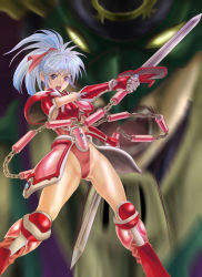 Rule 34 | 1girl, armor, blue eyes, blue hair, boots, chain blades, corque lans, faussete amour, gauntlets, knee boots, knight, leotard, long hair, matching hair/eyes, no pants, pink armor, ponytail, retro artstyle, ribbon, solo, sword, warrior, weapon