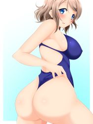 Rule 34 | 1girl, ass, bare shoulders, blue eyes, blush, breasts, brown hair, covered erect nipples, from behind, highres, huge ass, large breasts, looking back, love live!, love live! sunshine!!, nora ichigo, one-piece swimsuit, open mouth, school uniform, shiny skin, short hair, sideboob, solo, swimsuit, watanabe you