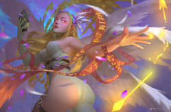 Rule 34 | 1girl, angel wings, angewomon, arrow (projectile), artist name, ass, belt, belt buckle, breasts, broken, broken weapon, buckle, cleavage, cowboy shot, dated, digimon, digimon (creature), dsl art, elbow gloves, feathers, gloves, glowing, glowing eyes, hair ornament, holding, long hair, looking at viewer, magic, mask, multiple wings, open mouth, original, parted lips, pink eyes, ribbon, runes, signature, single elbow glove, single glove, solo, thigh strap, torn clothes, unworn mask, weapon, wings