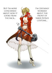 Rule 34 | 10s, 1girl, ahoge, arrow (symbol), ass, back, backless dress, backless outfit, blonde hair, boots, braid, butt crack, dragonslayer (sword), dress, epaulettes, fate/extra, fate/stay night, fate (series), female focus, from behind, full body, gradient background, hair bun, hair ribbon, hard-translated, huge weapon, kneehighs, long sleeves, morisoban, nero claudius (fate), nero claudius (fate) (all), nero claudius (fate/extra), ribbon, single hair bun, socks, solo, sword, third-party edit, translated, weapon, white background