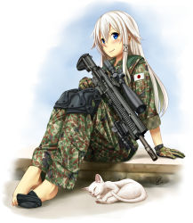 Rule 34 | 1girl, absurdres, assault rifle, barefoot, battle rifle, blue eyes, blush, cat, commentary, feet, full body, gloves, gun, h&amp;k hk417, heckler &amp; koch, highres, japan ground self-defense force, japan self-defense force, jpc, knee pads, long hair, looking at viewer, military, military uniform, original, rifle, scope, signature, sitting, sleeves rolled up, smile, sniper rifle, socks, soldier, solo, uniform, weapon, white hair