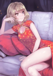 Rule 34 | 10s, 1girl, arm support, blue eyes, breasts, brown hair, china dress, chinese clothes, cleavage cutout, clothing cutout, couch, cushion, dress, green eyes, heterochromia, idolmaster, idolmaster cinderella girls, crossed legs, looking away, meto31, mole, mole under eye, short hair, side slit, small breasts, smile, solo, takagaki kaede