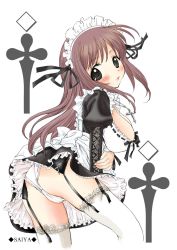 Rule 34 | 1girl, :o, apron, artist name, ass, black dress, black eyes, blush, breasts, brown hair, cleavage, cross, cross-laced clothes, cross necklace, dress, frilled apron, frills, from side, garter belt, highres, holding own arm, jewelry, juliet sleeves, lace, lace-trimmed legwear, lace trim, large breasts, long hair, long sleeves, looking at viewer, maid, maid apron, maid headdress, necklace, open mouth, original, panties, petticoat, puffy sleeves, ribbon-trimmed clothes, ribbon trim, saiya, short dress, simple background, solo, thighhighs, underwear, upskirt, white apron, white background, white panties, white thighhighs