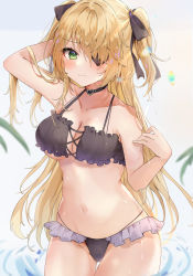 Rule 34 | 1girl, alternate breast size, alternate costume, bad perspective, bikini, black bikini, black choker, blonde hair, blush, breasts, choker, cleavage, closed mouth, collarbone, commentary, commentary request, eyepatch, fischl (genshin impact), genshin impact, green eyes, hair ornament, hand in own hair, highres, large breasts, looking at viewer, maruro, navel, one eye covered, solo, swimsuit, two side up