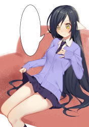 Rule 34 | 1girl, absurdres, animal ears, bad id, bad pixiv id, black hair, black skirt, black socks, blush, cardigan, closed mouth, clothes lift, couch, embarrassed, hand on own chest, highres, icarus (artist), kneehighs, kuon (utawarerumono), long hair, looking down, miniskirt, necktie, nose blush, purple sweater, sitting, skirt, skirt lift, sleeves past wrists, socks, solo, speech bubble, sweatdrop, sweater, utawarerumono, utawarerumono: itsuwari no kamen, very long hair