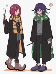 Rule 34 | !, 1boy, 1girl, black pantyhose, brown eyes, danganronpa (series), danganronpa v3: killing harmony, full body, green scarf, grey skirt, grey sweater, harry potter (series), highres, holding, holding wand, hufflepuff, looking at another, oma kokichi, pantyhose, pointy footwear, purple eyes, purple footwear, purple hair, red hair, scarf, short hair, skirt, slytherin, spoken exclamation mark, standing, sweater, wand, white background, wizarding world, xiao (grsnss25), yellow scarf, yumeno himiko
