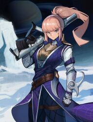 Rule 34 | 1girl, assault rifle, belt, black gloves, blue eyes, blue pants, brown belt, closed mouth, coat, commission, copyright request, distr, gloves, gun, high ponytail, highres, holding, holding gun, holding weapon, ice, looking at viewer, over shoulder, pants, pink hair, ponytail, purple coat, rifle, saturn (planet), solo, standing, weapon, weapon over shoulder