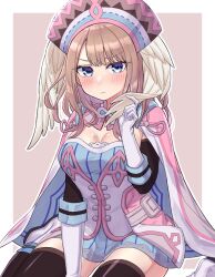 Rule 34 | 1girl, blonde hair, blue eyes, blush, breast tattoo, breasts, cosplay, dress, eunie (xenoblade), head wings, highres, large breasts, melia antiqua, melia antiqua (cosplay), shinae, short dress, solo, tattoo, thighhighs, two-tone dress, white wings, wings, xenoblade chronicles (series), xenoblade chronicles 1, xenoblade chronicles 3