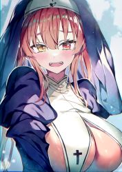 Rule 34 | 1girl, breasts, commentary request, hair between eyes, heterochromia, highres, hololive, houshou marine, houshou marine (nun), large breasts, long hair, long sleeves, looking at viewer, nun, open mouth, puffy long sleeves, puffy sleeves, red eyes, red hair, redcomet, solo, twintails, underboob, upper body, virtual youtuber, yellow eyes
