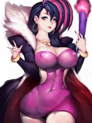 Rule 34 | 10s, 1girl, blue eyes, blue hair, bracelet, breasts, cleavage, collarbone, covered navel, curvy, dress, earrings, covered erect nipples, hand fan, fumio (rsqkr), fur trim, hoop earrings, hugtto! precure, jewelry, large breasts, lipstick, long hair, makeup, multicolored hair, necklace, papple (precure), pink dress, pink hair, precure, short dress, simple background, solo, thighs, two-tone hair, wide hips