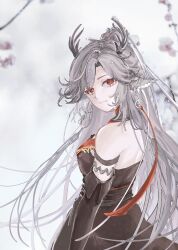 Rule 34 | 1girl, aaa huacaipifazunzi, animal ears, antlers, arknights, arm strap, bare shoulders, black dress, black gloves, commentary request, dress, elbow gloves, gloves, grey hair, highres, horns, long hair, looking at viewer, qiubai (arknights), red eyes, solo, upper body, very long hair