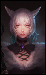 Rule 34 | 1girl, absurdres, animal ears, black border, black choker, border, brooch, cat ears, choker, facial mark, feather hair ornament, feathers, final fantasy, final fantasy xiv, fur trim, gem, grey background, hair ornament, highres, holding, holding staff, jewelry, light smile, looking at viewer, mil4, miqo&#039;te, portrait, purple gemstone, realistic, short hair, signature, slit pupils, solo, staff, straight-on, white eyes, white hair, y&#039;shtola rhul