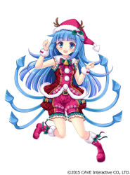 Rule 34 | 1girl, :d, antlers, bell, blue eyes, blue hair, blunt bangs, full body, gothic wa mahou otome, hand up, hat, holly, horns, long hair, looking at viewer, md5 mismatch, official art, open mouth, plaid, red footwear, red hat, red shorts, resolution mismatch, santa hat, shorts, simple background, smile, solo, source larger, tentacle hair, tokinon, very long hair, white background, wristband