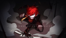 Rule 34 | 1boy, fangs, highres, male focus, melting, lava, open mouth, pixiv fantasia, pixiv fantasia revenge of the darkness, red eyes, red hair, shuai, steam, torn clothes, weapon