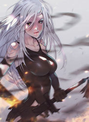 Rule 34 | 1girl, android, armlet, ass, black gloves, black shorts, breasts, cowboy, elbow gloves, floating hair, gloves, holding, holding sword, holding weapon, joints, large breasts, long hair, looking at viewer, looking to the side, nier (series), nier:automata, pink lips, robot joints, short shorts, shorts, silver hair, simoneferriero, solo, sword, tank top, upper body, weapon, cowboy western, yellow eyes, a2 (nier:automata)