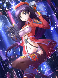 Rule 34 | 1girl, :o, bandeau, beret, bikini, black thighhighs, blue eyes, bra, breasts, bullpup, chaki-yam, cleavage, coat, fingerless gloves, gloves, gun, hat, holster, jacket, leg up, long sleeves, looking at viewer, navel, open clothes, open jacket, original, p90, parted lips, personal defense weapon, purple eyes, purple hair, solo, standing, standing on one leg, submachine gun, swimsuit, thigh holster, thighhighs, underwear, weapon