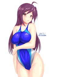 1girl, ahoge, blue swimsuit, breasts, brown eyes, commentary request, competition swimsuit, dated, hagikaze (kancolle), highres, impossible clothes, impossible swimsuit, kantai collection, large breasts, long hair, looking at viewer, montemasa, multicolored, multicolored clothes, multicolored swimsuit, one-piece swimsuit, one side up, purple hair, simple background, solo, swimsuit, twitter username, wet, wet clothes, wet swimsuit, white background