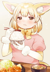 Rule 34 | 1girl, :i, animal ear fluff, animal ears, bad id, bad twitter id, blonde hair, blush, bowl, brown eyes, chopsticks, commentary request, eating, elbow gloves, fennec (kemono friends), fox ears, fur trim, gloves, grey background, hand up, highres, holding, holding bowl, holding chopsticks, kemono friends, looking at viewer, pink shirt, puffy short sleeves, puffy sleeves, shirt, short hair, short sleeves, simple background, solo, sparkle, suicchonsuisui, upper body